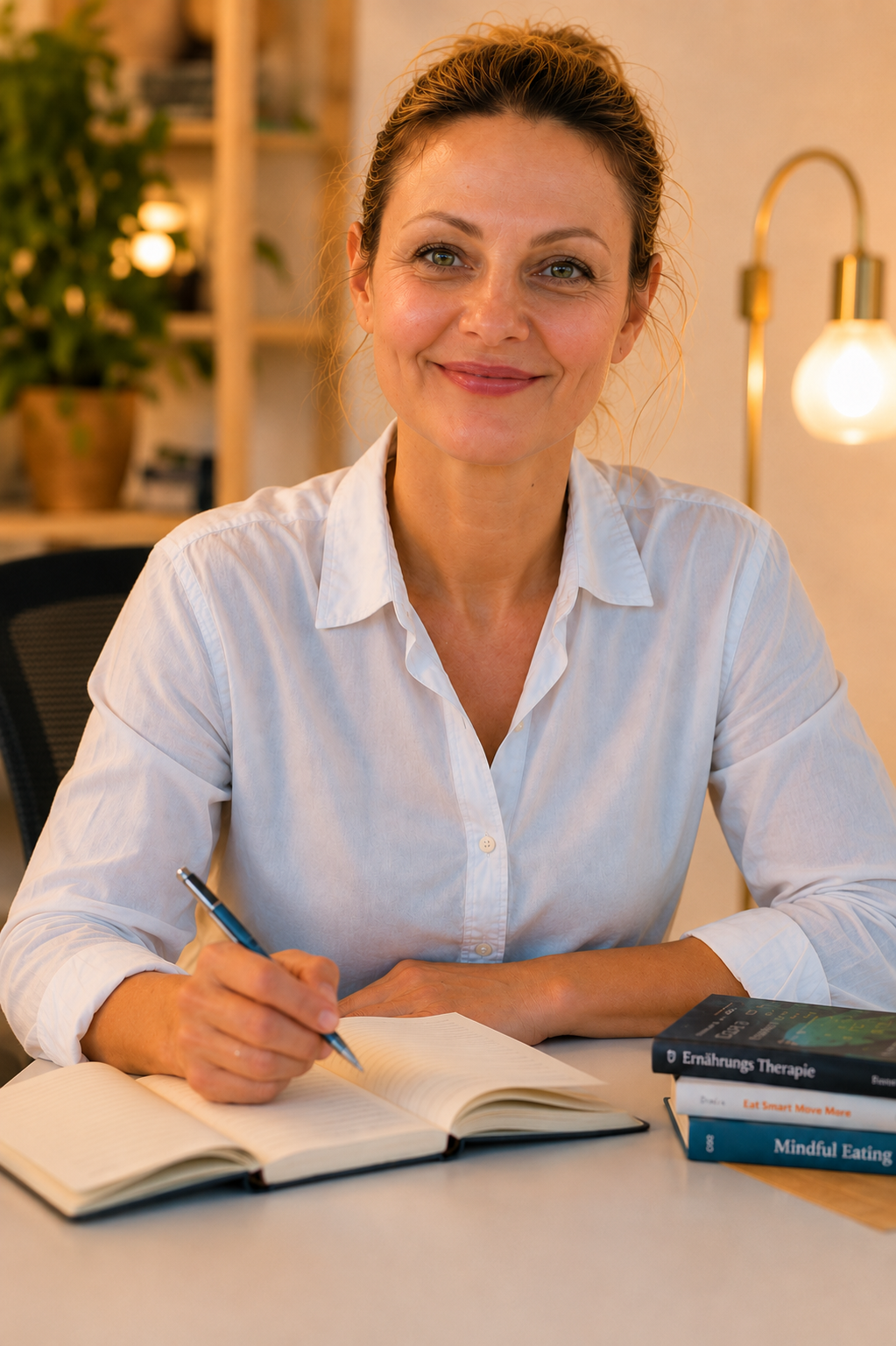 Agnieszka Szymańska an ihrem Schreibtisch, schreibt in ein Notizbuch neben Büchern zu Ernährung und Psychologie